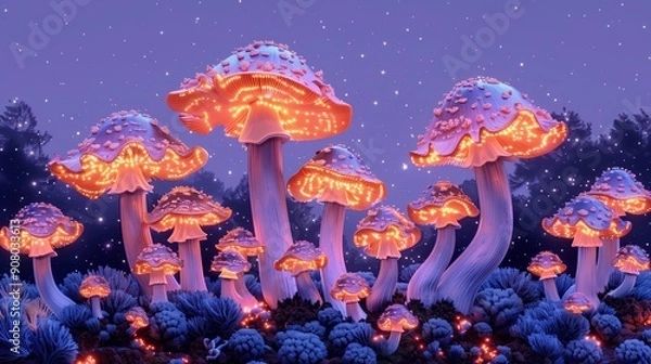 Fototapeta Magical luminescent mushrooms cluster with a white background.