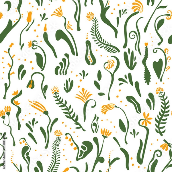 Fototapeta Botanical floral seamless pattern, delicate, fancy light background with wild abstract flowers