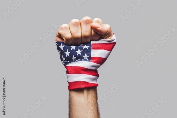 Fototapeta Election Power: A Raised Fist Wrapped in the American Flag Representing the Citizen's Role in Shaping the Nation's Future Through Democratic Participation and Voting , ai