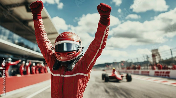 Fototapeta Racing driver celebrating victory with team at the finish line