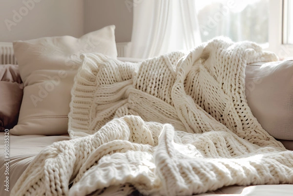 Obraz Knitted blanket on a comfortable sofa