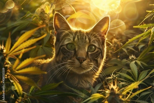 Fototapeta A cat with striking green eyes sits among lush plants, illuminated by warm sunlight, creating a serene and vibrant atmosphere.