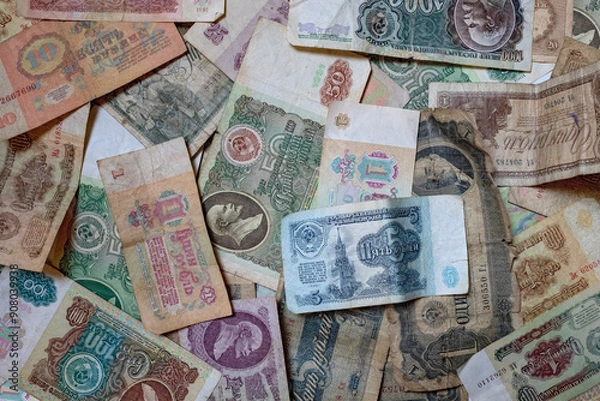Fototapeta old russian money from the Soviet period background, texture
