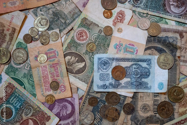 Fototapeta old russian money from the Soviet period background, texture