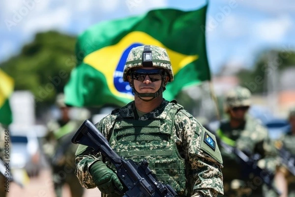 Obraz Brazilian Soldiers Parade With National Flags During Military Ceremony in Bright Daylight