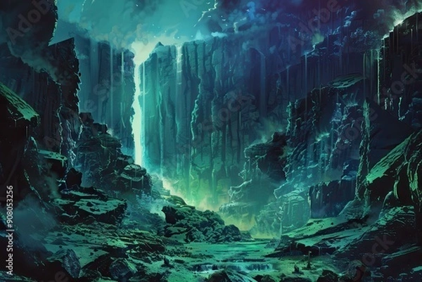 Fototapeta A digital illustration of a mystical canyon with a waterfall showcasing a vibrant surreal landscape
