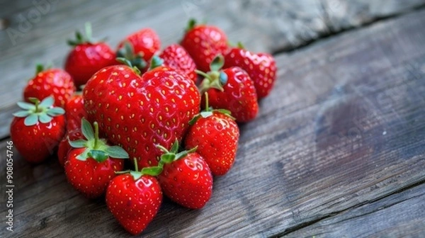 Fototapeta A cluster of vibrant red strawberries rests on a wooden surface, with one shaped like a heart, suggesting a theme of love and sweetness.