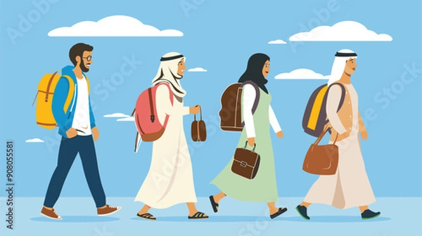 Fototapeta Group diverse students walk smiling backpacks Middle Eastern attire happy Four people different ethnicities traveling outdoor scene blue sky. Cultural exchange modern education background Middle
