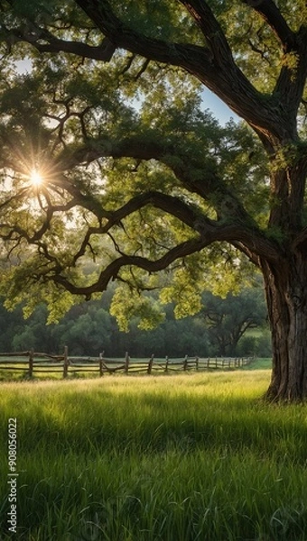 Obraz A large tree stands in a sunlit field, with sunlight filtering through its leaves