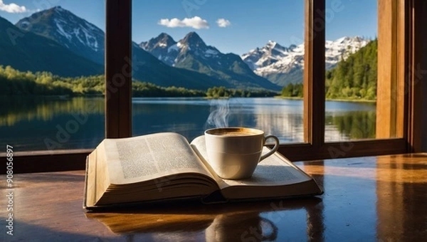 Fototapeta A warm cup of coffee and an open book resting on a window sill, inviting relaxation and reading