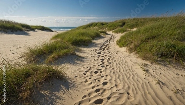 Obraz Sandy path through grassy dunes to the ocean