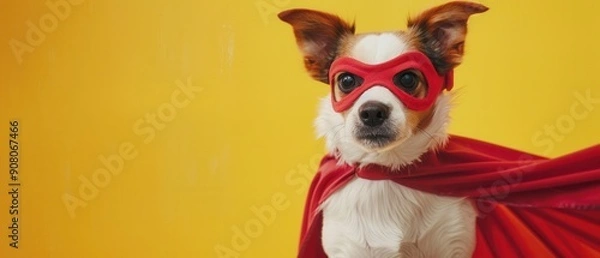 Fototapeta Adorable dog dressed as a superhero with a mask and cape, ready for action. Free copy space for text.