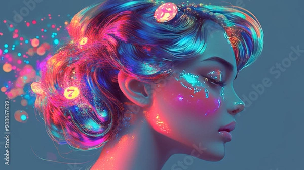 Fototapeta Illustrate a hairstyle that mimics the bright lights and excitement of a slot machine, with metallic colors, shimmering accessories, and perhaps even tiny slot machine symbols as hair adornments.