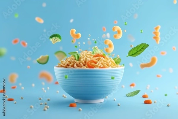 Fototapeta 3D Cartoon-Style Ramen Bowl with Noodles and Vegetables Flying in the Air On a Blue Background