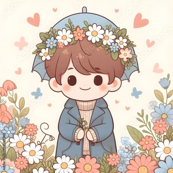 Obraz Cute Smiling Boy Surrounded By Flowers 4