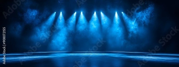 Fototapeta Electrifying Performance. Blue stage arena lighting background with spotlight drama concept