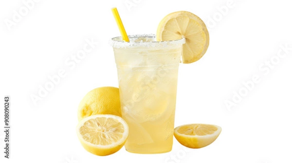 Fototapeta Refreshing lemonade in a plastic cup with a straw, garnished with lemon slices and whole lemons.