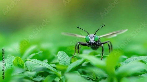 Fototapeta Close-up of a vibrant insect resting on lush green leaves, showcasing nature's beauty and detail in a serene setting.