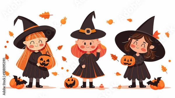 Obraz Three little girls wearing witch hats and pumpkin hats, celebrating Halloween with joy and festive spirit.