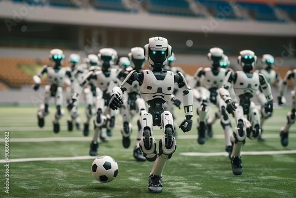 Fototapeta Crowd of robots playing football, horizontal illustration
