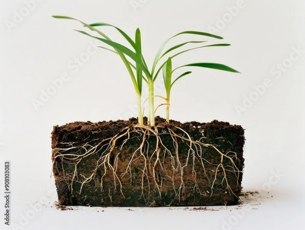 Fototapeta Medium shot of A slice of the earth, a side view, a sprout on the earth, roots entwine the sprout, grass grow on top, themed background,  