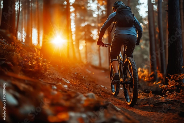 Fototapeta Mountain Biker is skillfully Riding Through a Beautiful Sunlit Forest Trail Surrounded by Vibrant Colors of Autumn Leaves