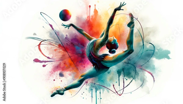 Fototapeta Rhythmic gymnastics exercise in watercolor, olympic rhythmic gymnastics
