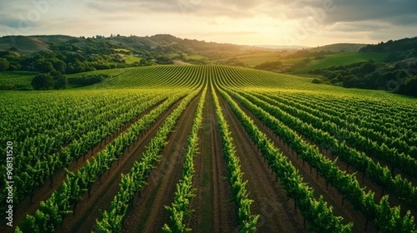 Fototapeta Aerial View of Lush Green Vineyard on Rolling Hills - Serene Wine Country Landscape Perfect for Text Overlay