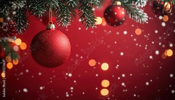 Fototapeta Colorful Christmas decorations hang from a festive tree on a bright red background