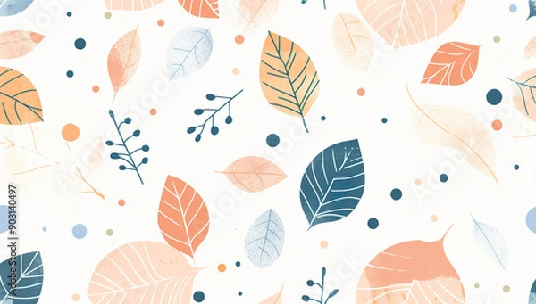 Obraz Seamless pattern with cute doodle leaves and dots in pastel colors on a white background, in the hand drawn style, flat design using simple shapes, vector illustration with no shadows or...