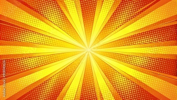 Fototapeta Retro pop art sunburst with halftone dots. Dynamic yellow red comic book background