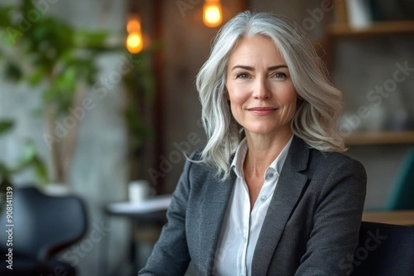 Fototapeta Proud business woman with grey hair sitting in her office dressed in a professional suit, Generative AI