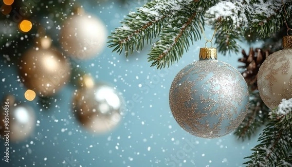 Fototapeta A beautifully decorated Christmas tree with ornaments, as snowflakes gently fall around it
