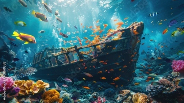 Fototapeta Underwater scene with a sunken shipwreck and fish