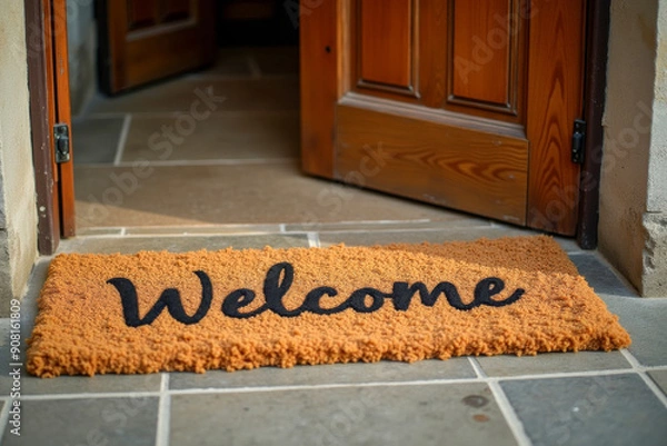 Fototapeta A mat for wiping shoes in front of the door with inscription 'Welcome'.