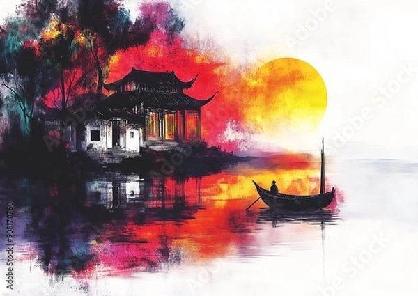 Fototapeta ink artistic conception, abstract painting of a small house on the water with a boat and reflection in the style of Chinese New Year celebration, colorful moon light