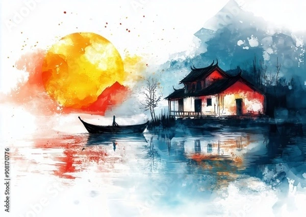 Fototapeta ink artistic conception, abstract painting of a small house on the water with a boat and reflection in the style of Chinese New Year celebration, colorful moon light 