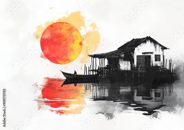 Fototapeta ink artistic conception, abstract painting of a small house on the water with a boat and reflection in the style of Chinese New Year celebration, colorful moon light 