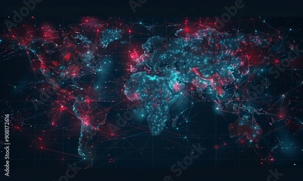 Fototapeta Digital World Map With Red and Blue Data Points