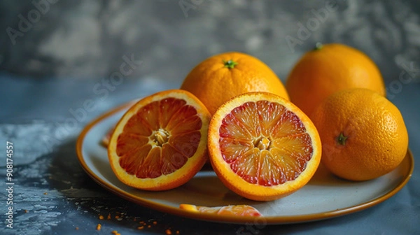 Fototapeta   A close-up of an orange with one half cut and placed on a plate