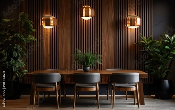 Fototapeta A sophisticated dining room showcases art deco style with wooden elements, stylish lighting, and vibrant plants, creating an inviting atmosphere for gatherings