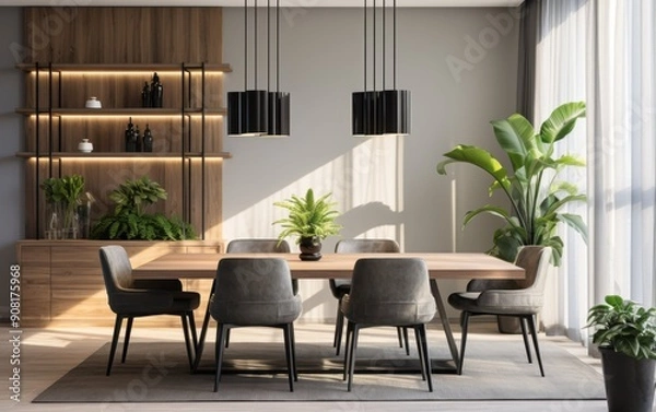 Fototapeta Stylish dining room features a wooden table surrounded by gray chairs, enhanced by natural light and elegant greenery