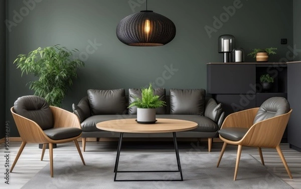 Fototapeta A stylish Scandinavian dining room features a cozy leather sofa, minimalistic chairs, and a wooden table accentuated by a greenery centerpiece
