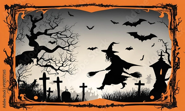 Fototapeta Halloween Witch Flying Over Spooky Graveyard with Bats and Trees
