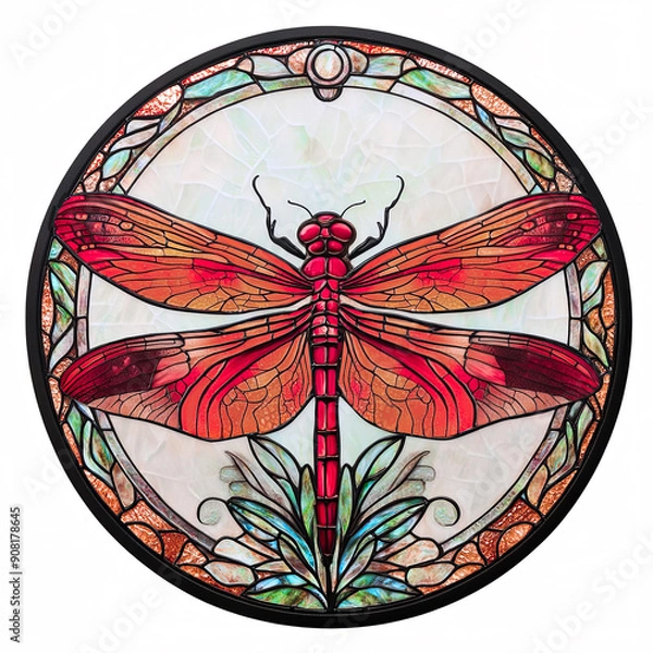 Fototapeta Stained glass style round mandala of a detailed scarlet red dragonfly , isolated on a white background.	