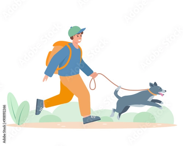 Fototapeta Young boy walking with dog. Child running and jumping with cute dog on leash. Happy pet and owner spend time together. Vector flat illustration isolated on white background.