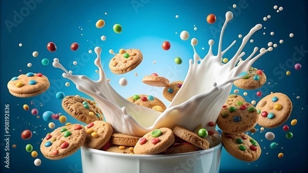 Fototapeta A Symphony of Sweetness: A Colorful Milk Splash and Cookie Cascade  generative AI