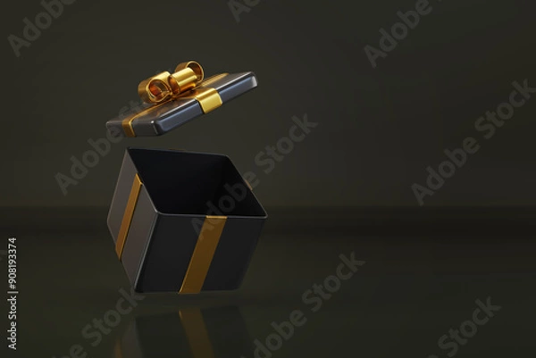 Obraz Open gift box with golden bow on a black background with copy space. 3d illustration.