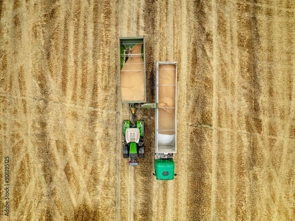 Obraz bird’s view of the tractor with grain cart loading wheat to the truck 