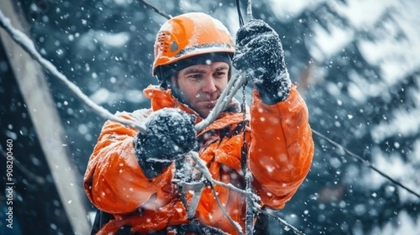 Fototapeta Lineman Working in Snowy Conditions